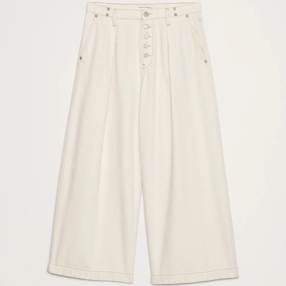 New! BANANA REPUBLIC Mid-Rise Loose Pleated Ankle Jean, Size Large in Ecru/Beige - Picture 3 of 9